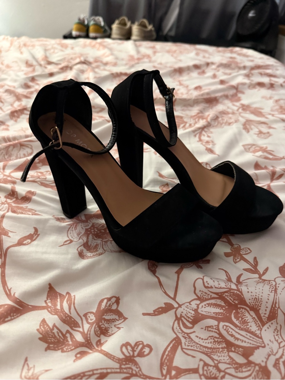 Black Suede Ankle-Strap Block Heel Sandals